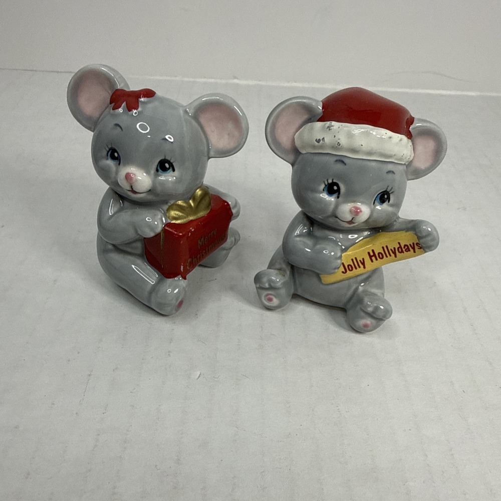 Russ Christmas Mouse Mice Jolly Hollydays Merry Christmouse Set of 2 Ceramic Vtg
